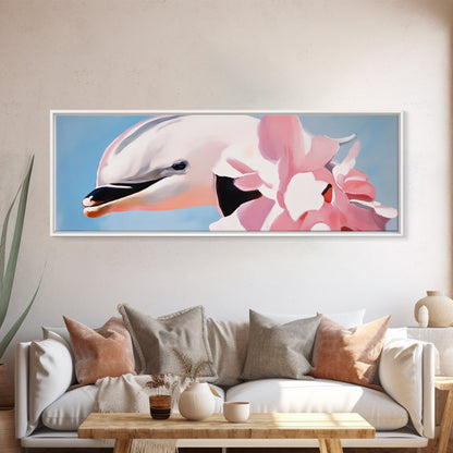 Dolphin, Pink Flowers, Canvas Print, Ocean Art, Whimsical Artwork, Coastal Wall Art, Sea Life Decor, Modern Aesthetic, Nature Lover Gift