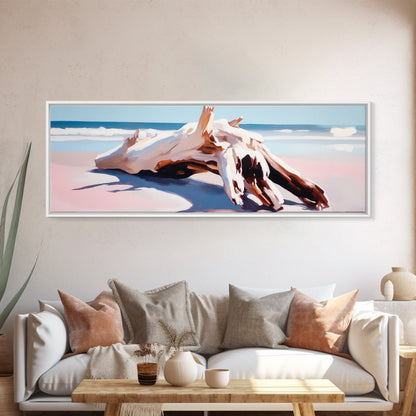Driftwood, Ocean Waves, Canvas Print, Coastal Wall Art, Beach House Decor, Minimalist Seascape, Natural Tones, Boho Home Aesthetic