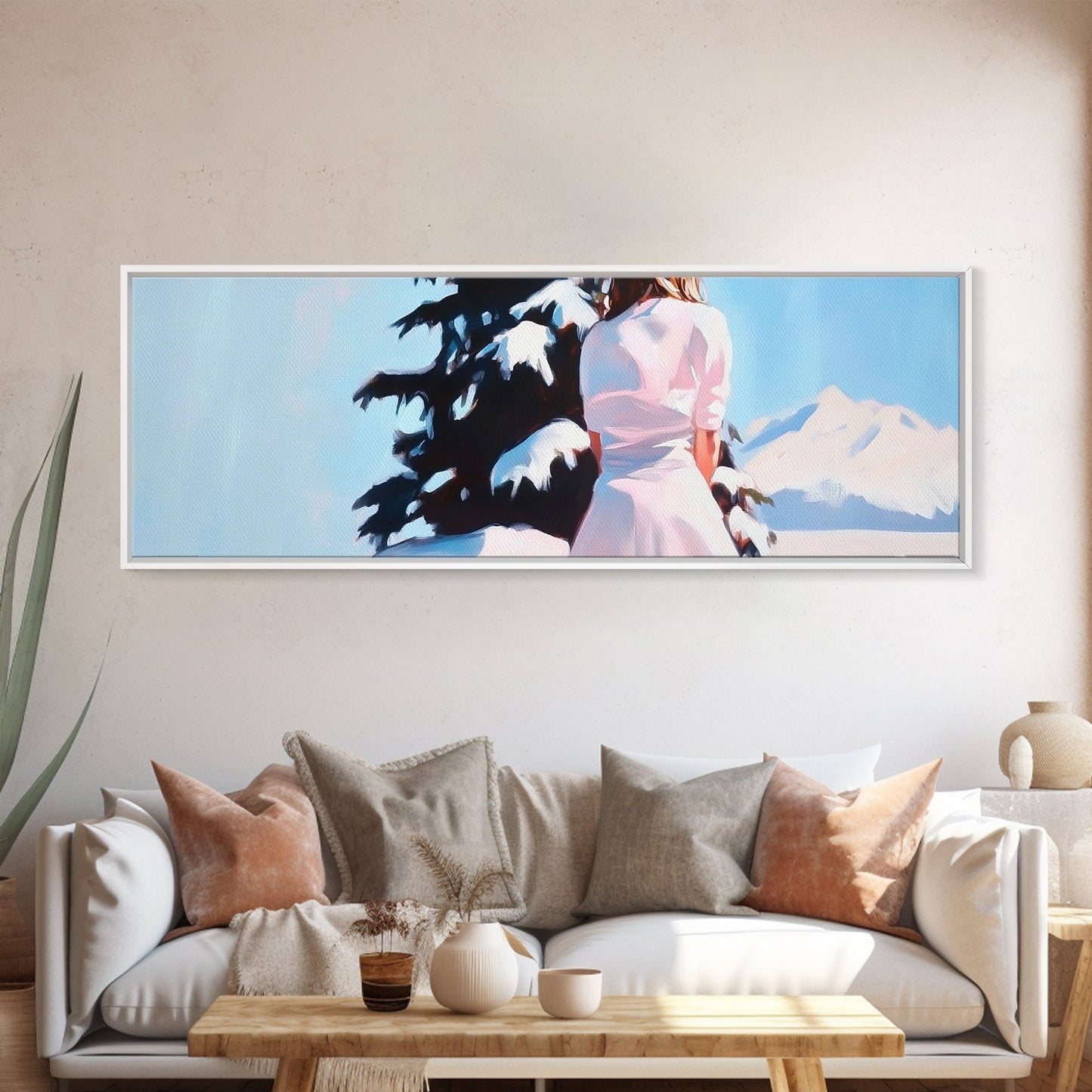 Winter Scene, Snowy Pines, Woman Outdoors, Framed Canvas Print, Christmas Wall Art, Cozy Winter Decor, Rustic Cabin Art, Nature