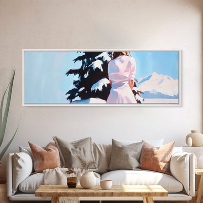 Winter Scene, Snowy Pines, Woman Outdoors, Framed Canvas Print, Christmas Wall Art, Cozy Winter Decor, Rustic Cabin Art, Nature