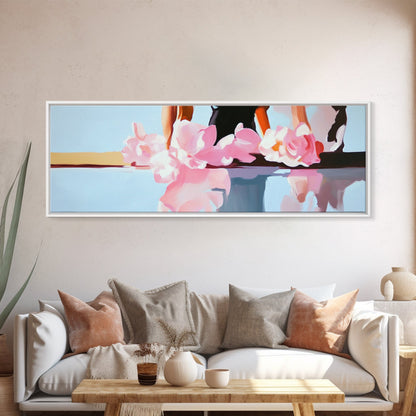 Floral Reflections, Pink Blossoms, Water Mirror, Framed Canvas Print, Feminine Wall Art, Elegant Bedroom Decor, Pastel Aesthetic