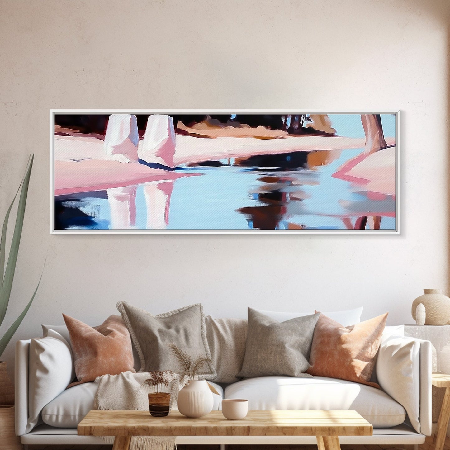 Flussufer, Wasserspiegelungen, Ruhige Szene, Gerahmter Leinwanddruck, Beschauliche Wandkunst, Zen-Wohndekoration, Neutrale Landschaft, Modern