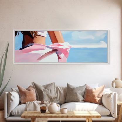 Woman on Beach, Windy Dress, Ocean Breeze, Framed Canvas Print, Feminine Wall Art, Boho Home Decor, Coastal Aesthetic, Bedroom