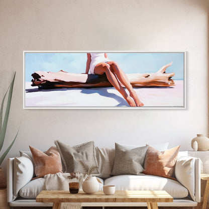 Treibholz-Flucht, Küstenleben-Kunst, Minimalistische Strandszene, Sommerliche Farben, Gerahmter Leinwanddruck, Entspannende Wohndekoration, Vom Meer inspiriert