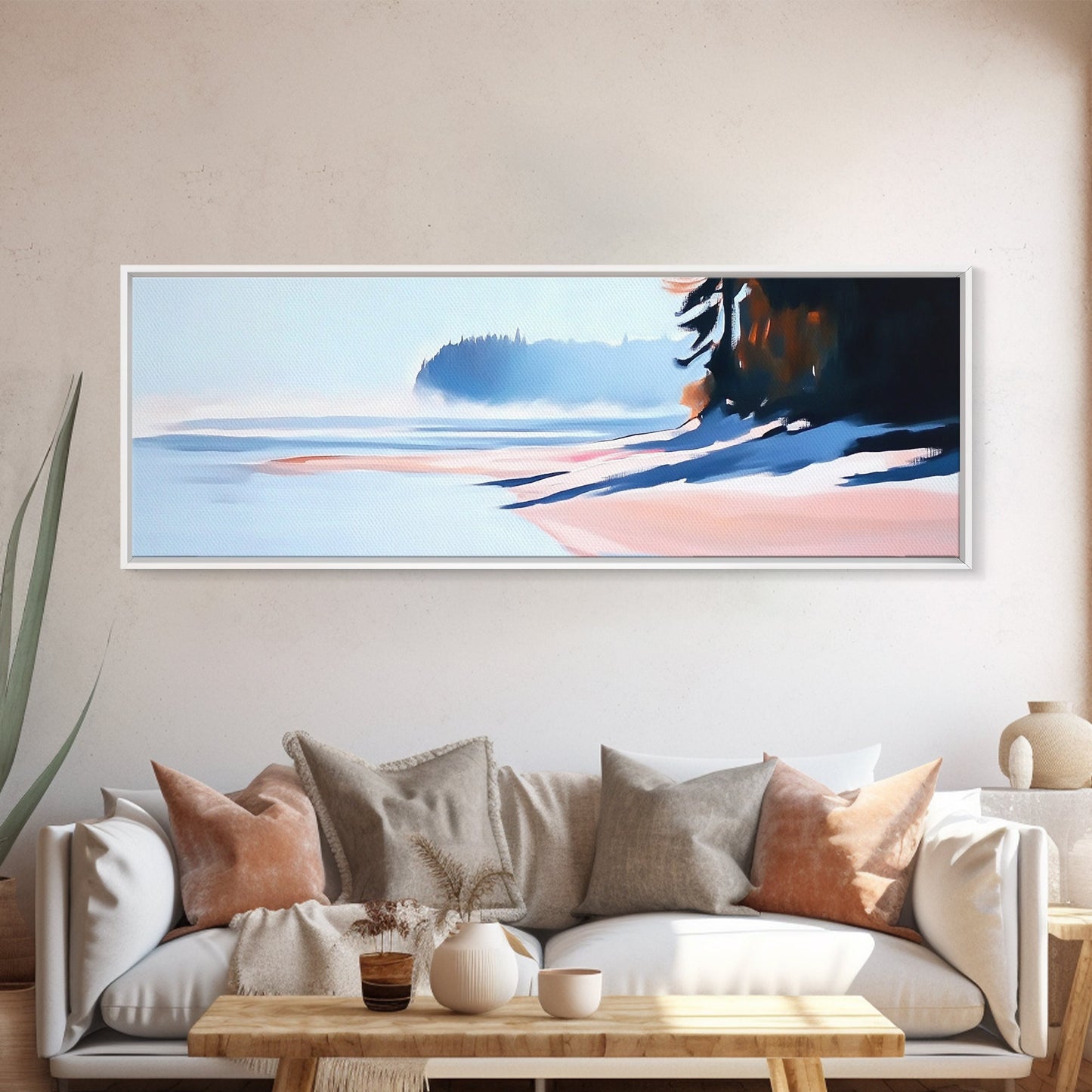 Misty Shoreline, Coastal Landscape Art, Minimalist Seascape, Ocean View, Framed Canvas Print, Modern Home Decor, Living Room Art