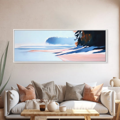 Misty Shoreline, Coastal Landscape Art, Minimalist Seascape, Ocean View, Framed Canvas Print, Modern Home Decor, Living Room Art