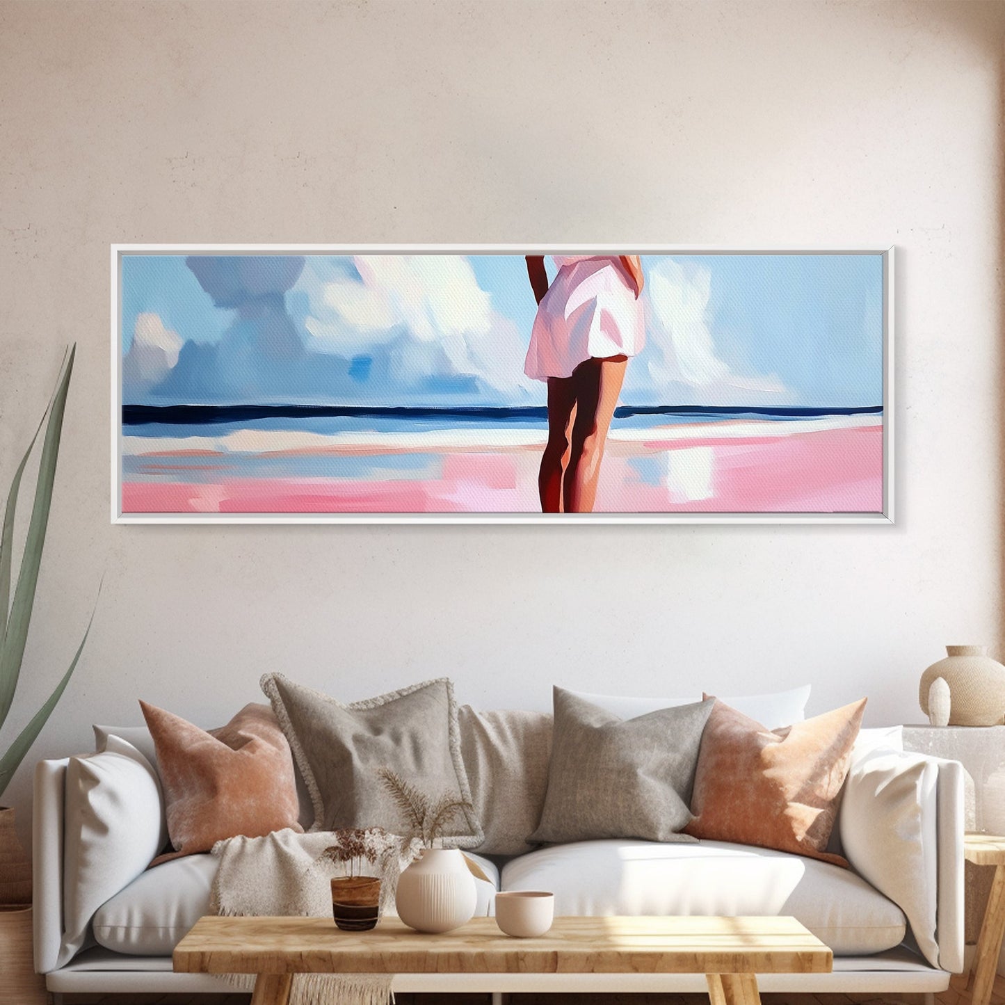 Woman by Ocean, Beach Reflection, Serenity Art, Framed Canvas Print, Modern Coastal Decor, Minimalist Wall Art, Bedroom Artwork