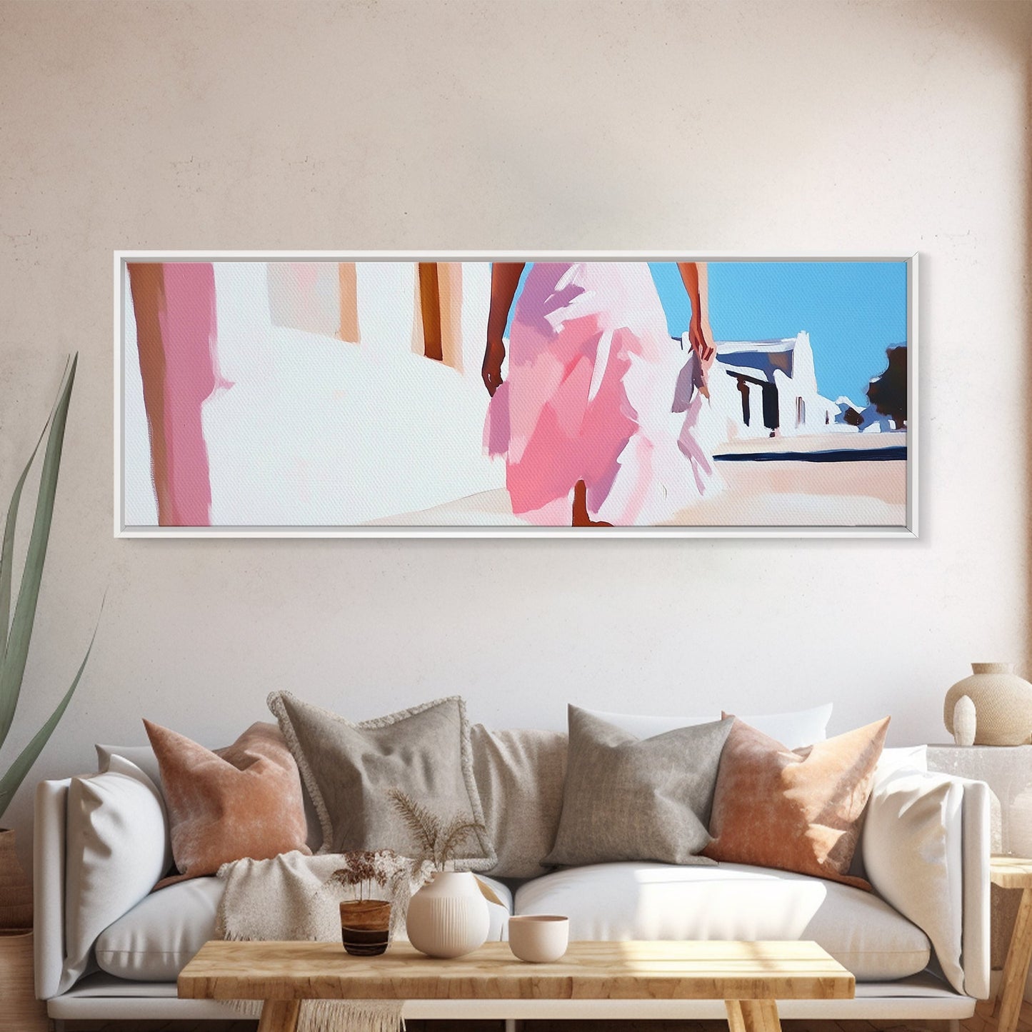 Pink Dress, Elegant Stroll, Romantic Scene, Framed Canvas Print, Modern Wall Art, Feminine Decor, Stylish Living Room Artwork