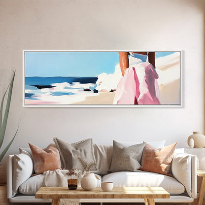 Ocean Waves, Pink Skirt, Windy Shoreline, Framed Canvas Print, Coastal Wall Art, Beach Home Decor, Minimalist Aesthetic, Ocean Scene