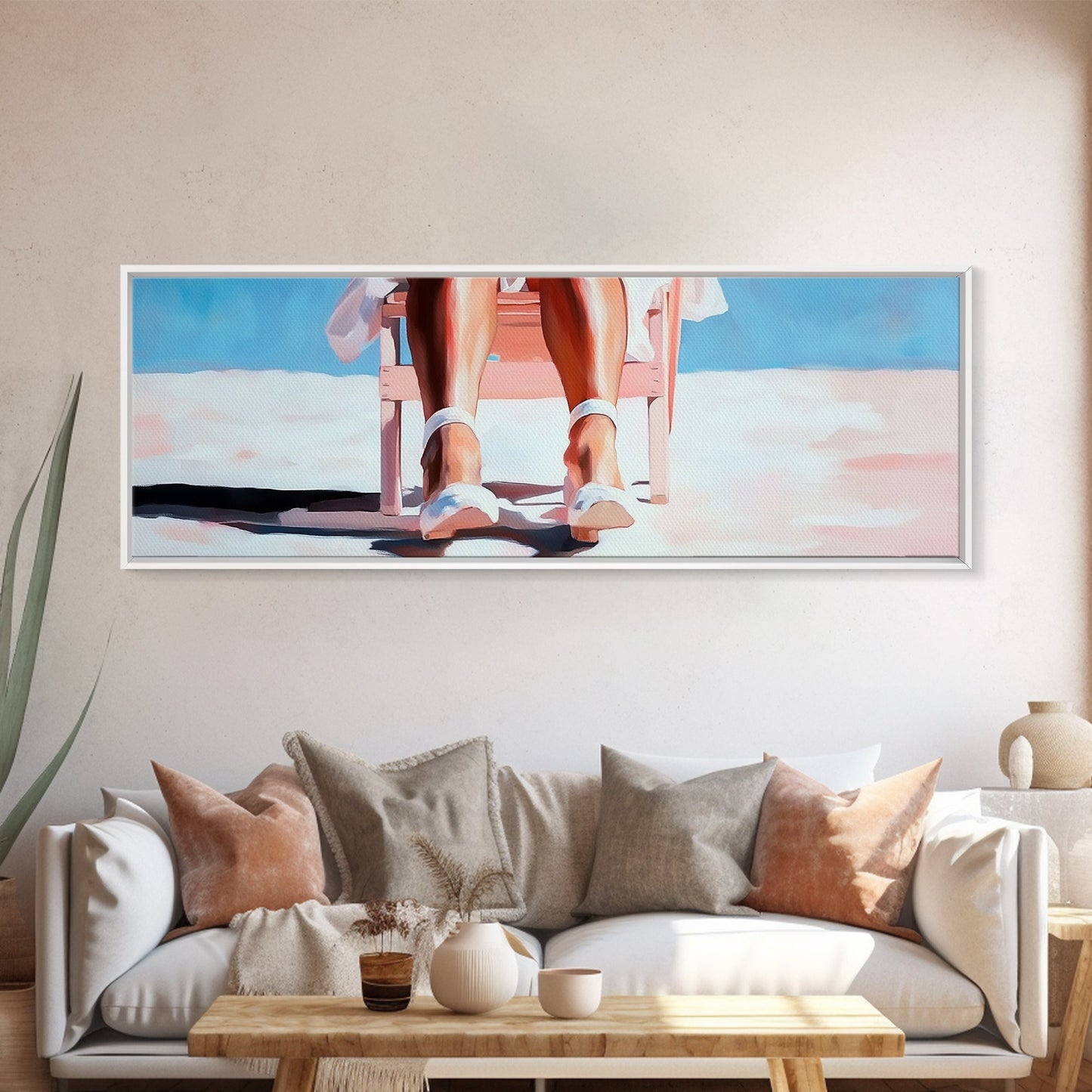 Woman Relaxing, Beach Chair Art, Coastal Summer Scene, Framed Canvas Print, Minimalist Boho Decor, Serene Seaside Home Artwork