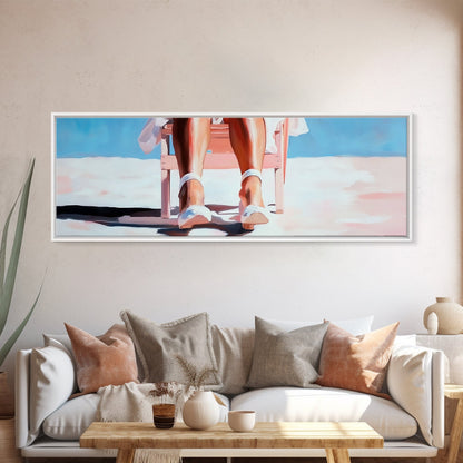 Woman Relaxing, Beach Chair Art, Coastal Summer Scene, Framed Canvas Print, Minimalist Boho Decor, Serene Seaside Home Artwork