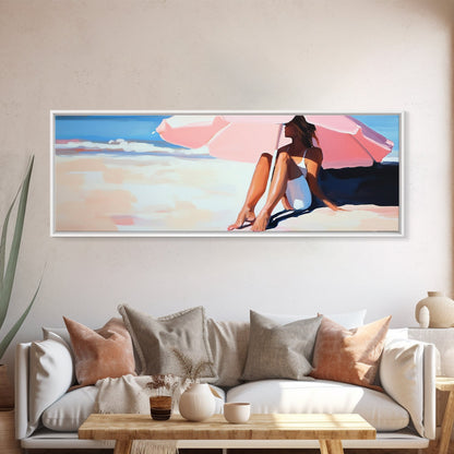 Woman Under Umbrella, Beach Relaxation, Summer Scene, Framed Canvas Print, Minimalist Boho Art, Seaside Wall Decor, Nautical Artwork