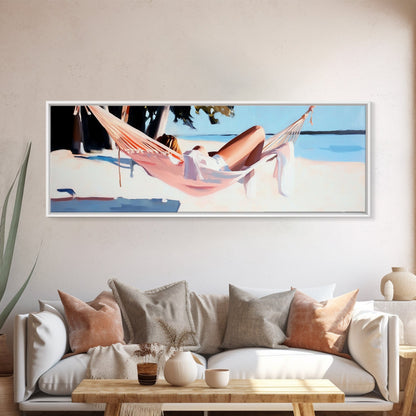Hammock Rest, Relaxation, Coastal, Framed Canvas Print, Beach House Decor, Summer Vibes, Minimalist Art, Bedroom Wall Art, Boho Aesthetic