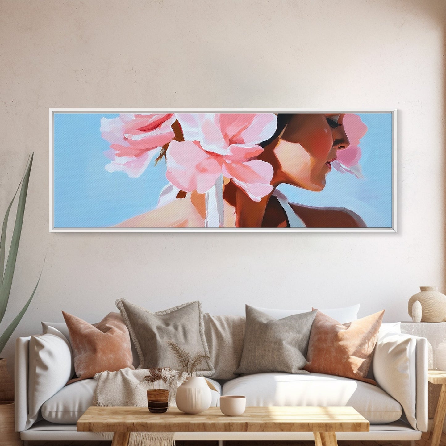 Floral Woman, Feminine Beauty, Elegant Portrait, Boho Canvas Print, Bedroom Wall Art, Modern Aesthetic, Pastel Pink Home Decor