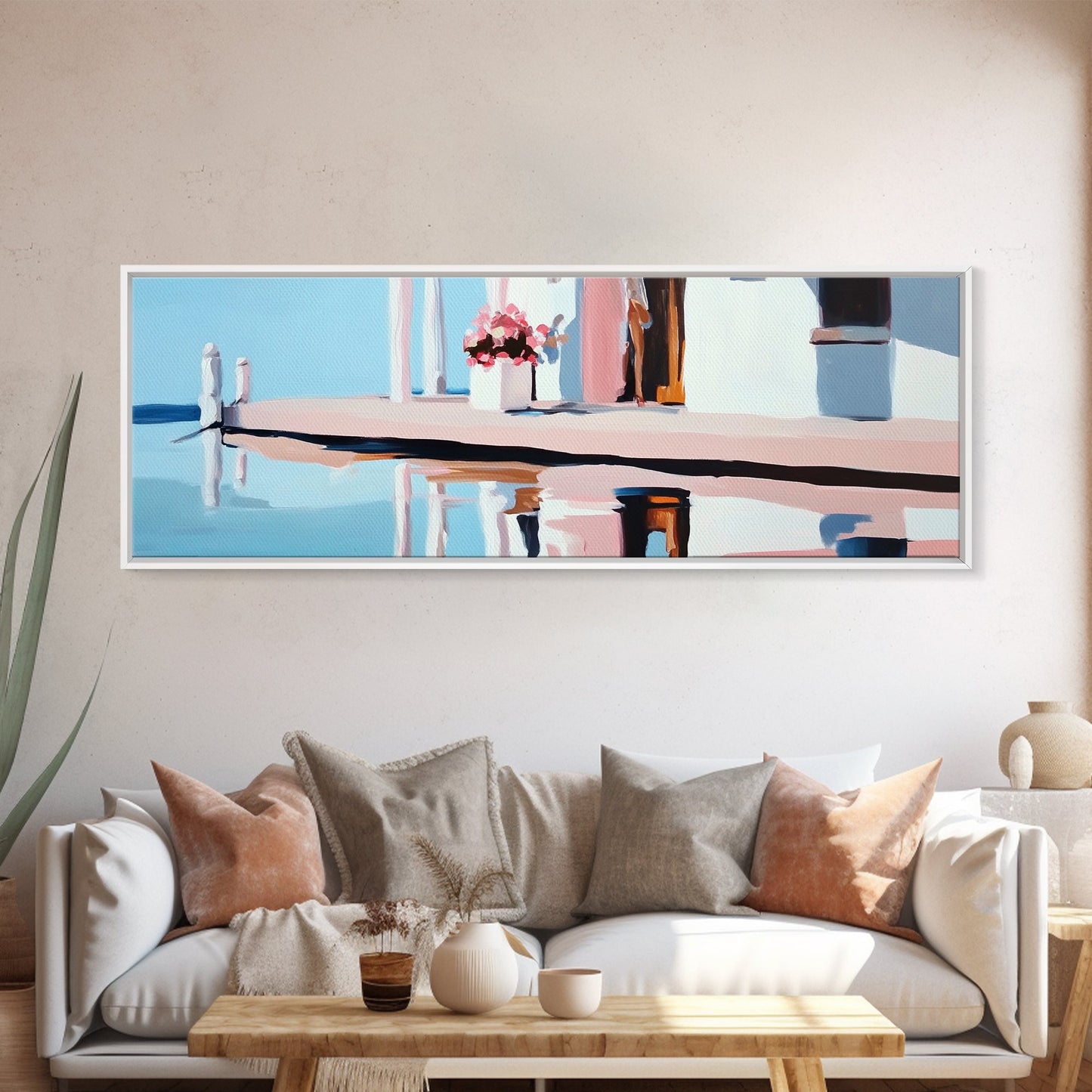 Poolside Reflection, Elegant Patio, Coastal Artwork, Framed Canvas Print, Summer Aesthetic, Modern Living Room Decor, Soft Blues