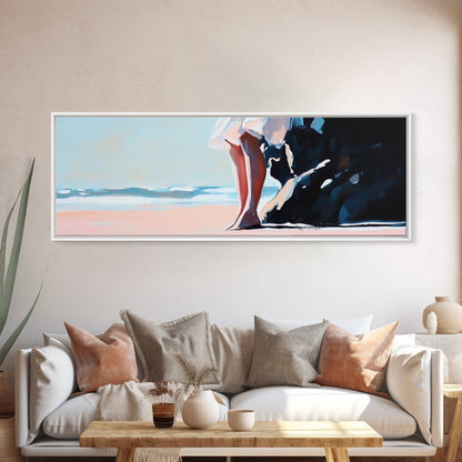 Sonnenuntergang am Strand, friedlicher Rückzugsort, Meeresruhe, Küstenmotiv auf Leinwand, Wandbild fürs Wohnzimmer, sanfte Pastellfarben, minimalistische Wandkunst