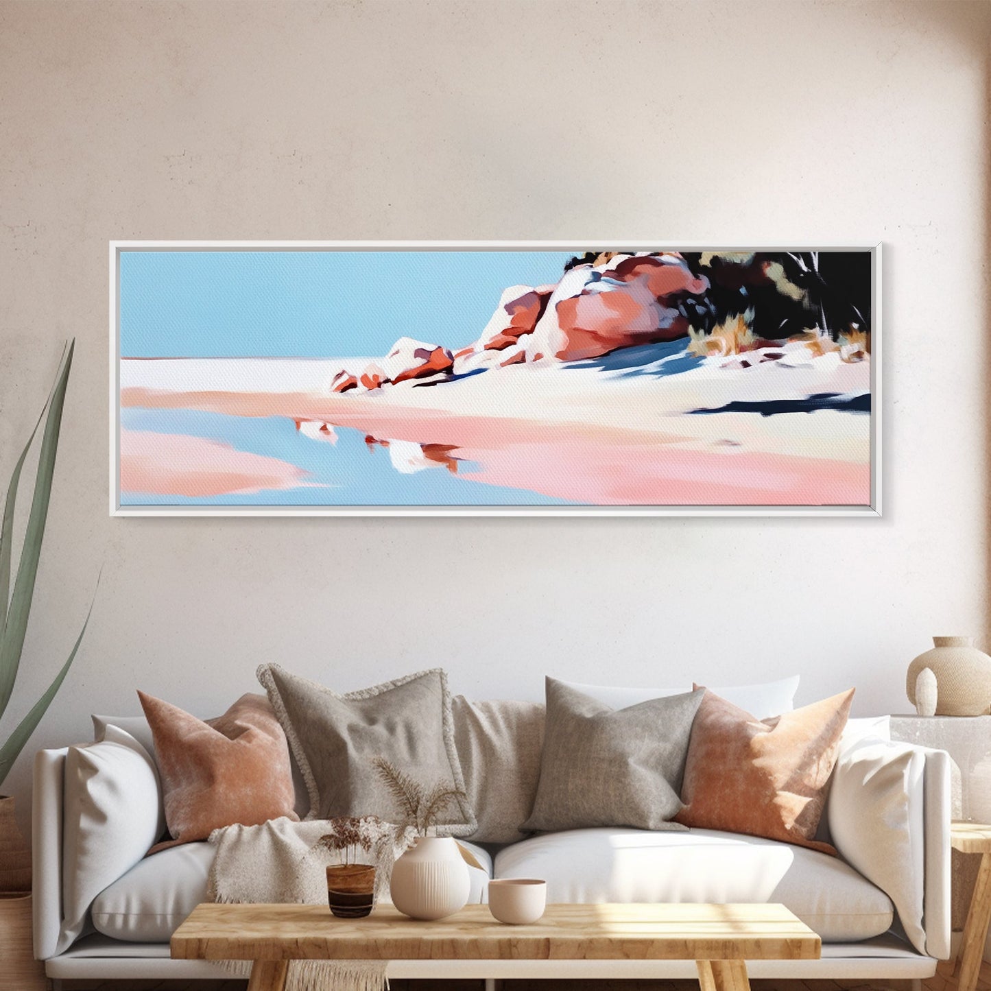 Pink Sands, Beach Art, Coastal Print, Framed Canvas Print, Ocean Wall Art, Soft Pastel Landscape, Minimalist Beach Decor, Living Room Art