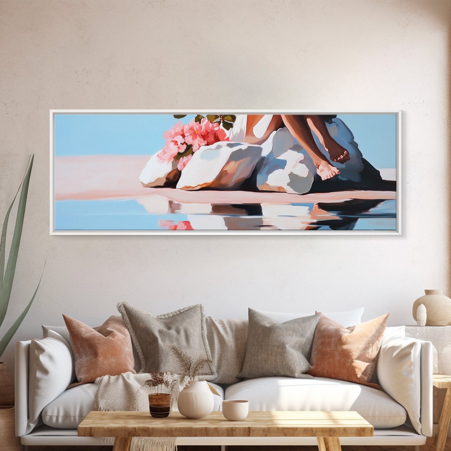 Beach Blossom Scene, Floral Coastal Art, Pastel Summer Vibes, Nature Wall Decor, Soft Aesthetic, Canvas Print, Bedroom Wall Art