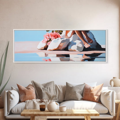 Beach Blossom Scene, Floral Coastal Art, Pastel Summer Vibes, Nature Wall Decor, Soft Aesthetic, Canvas Print, Bedroom Wall Art