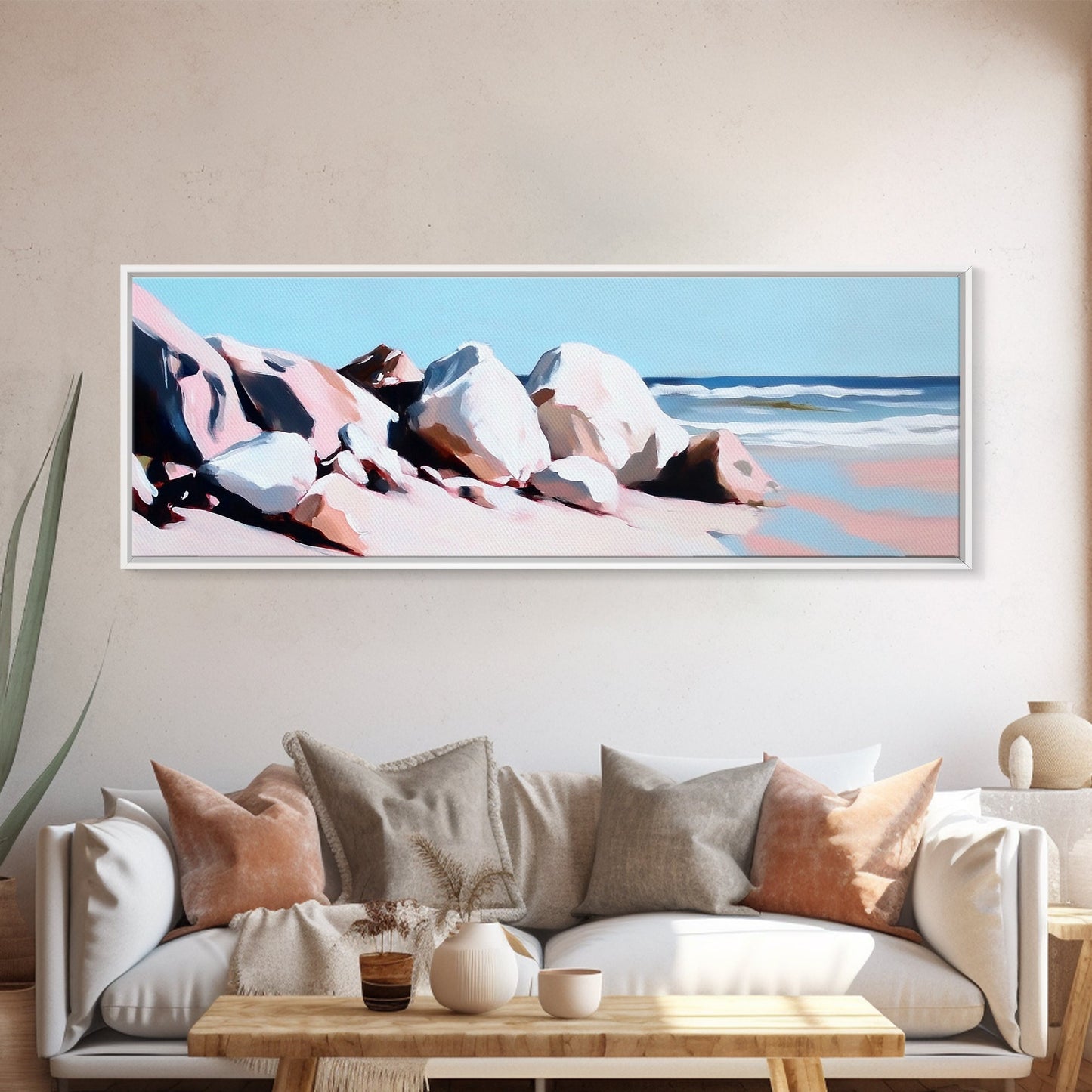 Ocean Rockscape, Tranquil Shoreline, Serene Nature Print, Coastal Art, Neutral Tones, Living Room Wall Decor, Framed Canvas Print