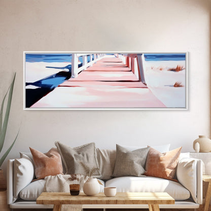 Pink Pier, Beach Walkway, Ocean View, Framed Canvas Print, Coastal Wall Art, Nautical Home Decor, Minimalist Seascape Painting