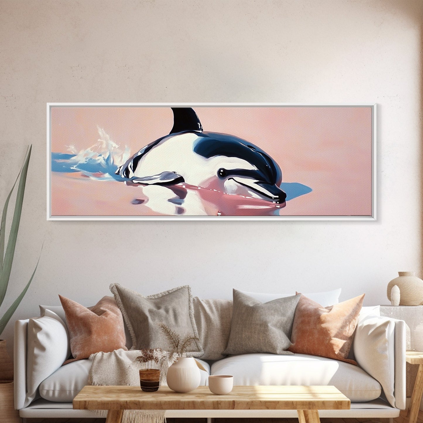 Playful Dolphin, Ocean Waves, Marine Life, Framed Canvas Print, Nautical Wall Art, Beach House Decor, Living Room Coastal Art