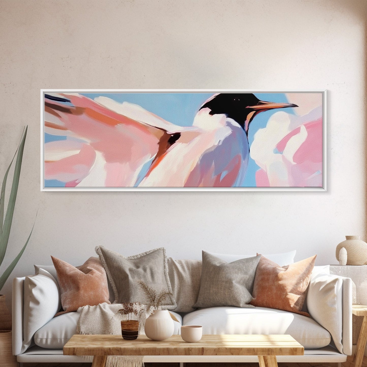 Soaring Seabird Art, Coastal Bird Print, Minimalist Wildlife Art, Pastel Sky Painting, Large Canvas Print, Beach House Decor, Bedroom Art