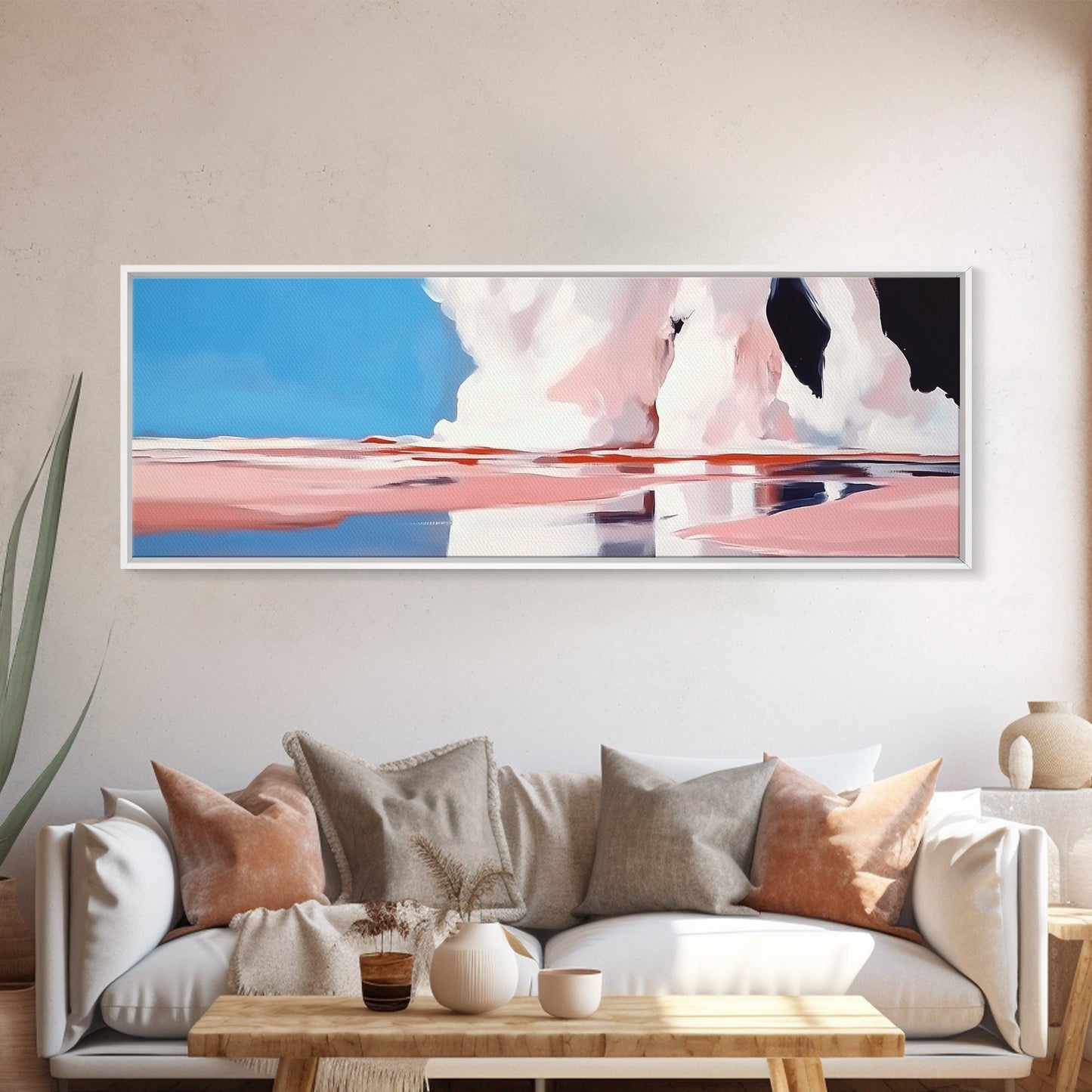 Ocean Reflection, Pink Waves, Abstract Seascape, Modern Coastal Art, Minimalist Decor, Framed Canvas Print, Living Room Wall Art