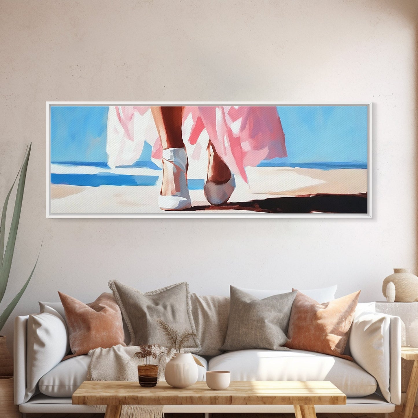 Walking on Beach, Pink Skirt, Ocean Waves, Coastal Feminine Art, Elegant Wall Decor, Canvas Print, Bedroom Wall Art, Summer Aesthetic