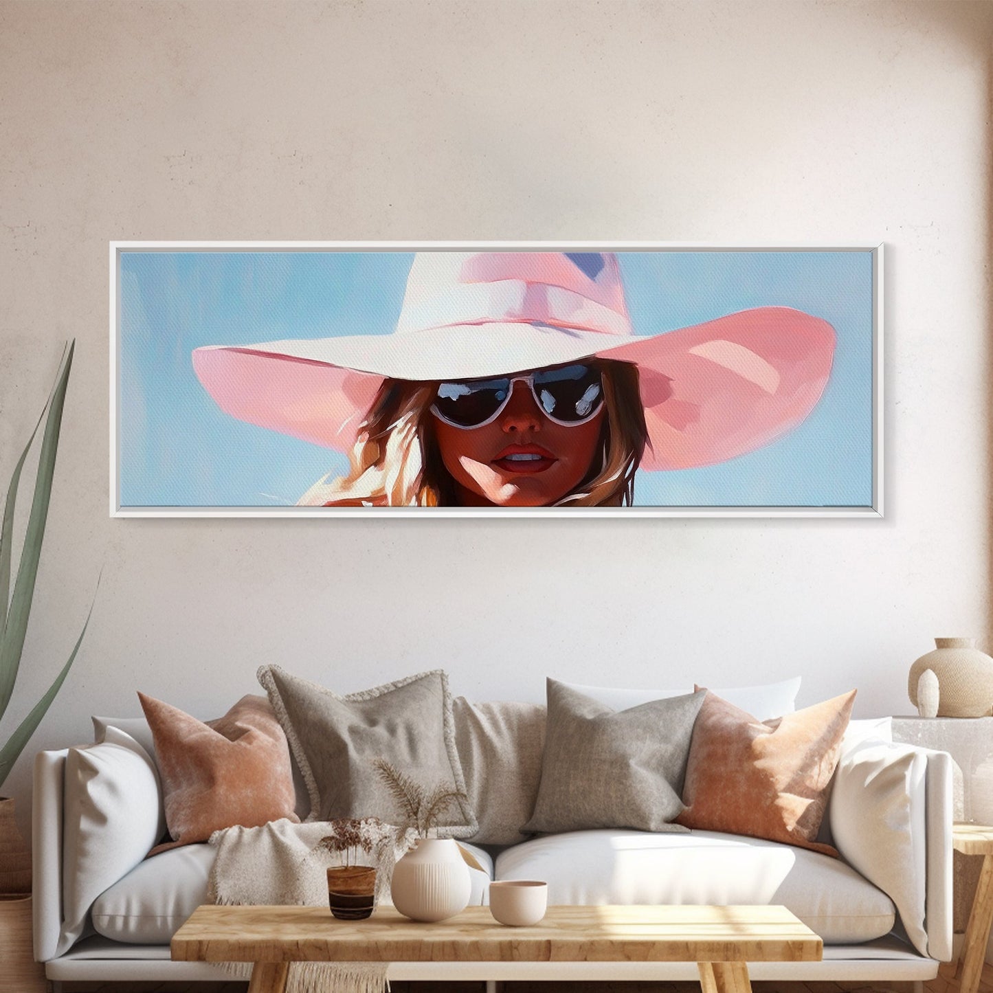 Sun Hat, Fashion Art, Glamorous Woman, Feminine Painting, Summer Aesthetic, Modern Chic, Bedroom Wall Decor, Framed Canvas Print