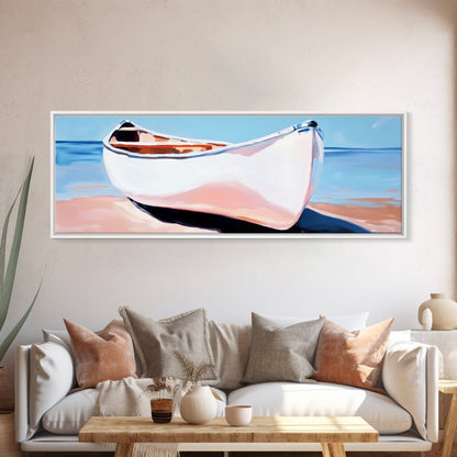 Weißes Kanu, Küstenwandbild, maritime Ästhetik, gerahmter Leinwanddruck, minimalistisches Bootsbild, maritime Kunst für Strandhäuser, Meeresdeko