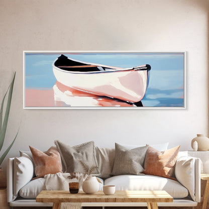 Reflection Boat, Calm Lake Art, Nautical Wall Decor, Framed Canvas Print, Coastal Serenity Art, Pastel Landscape, Living Room Wall Art