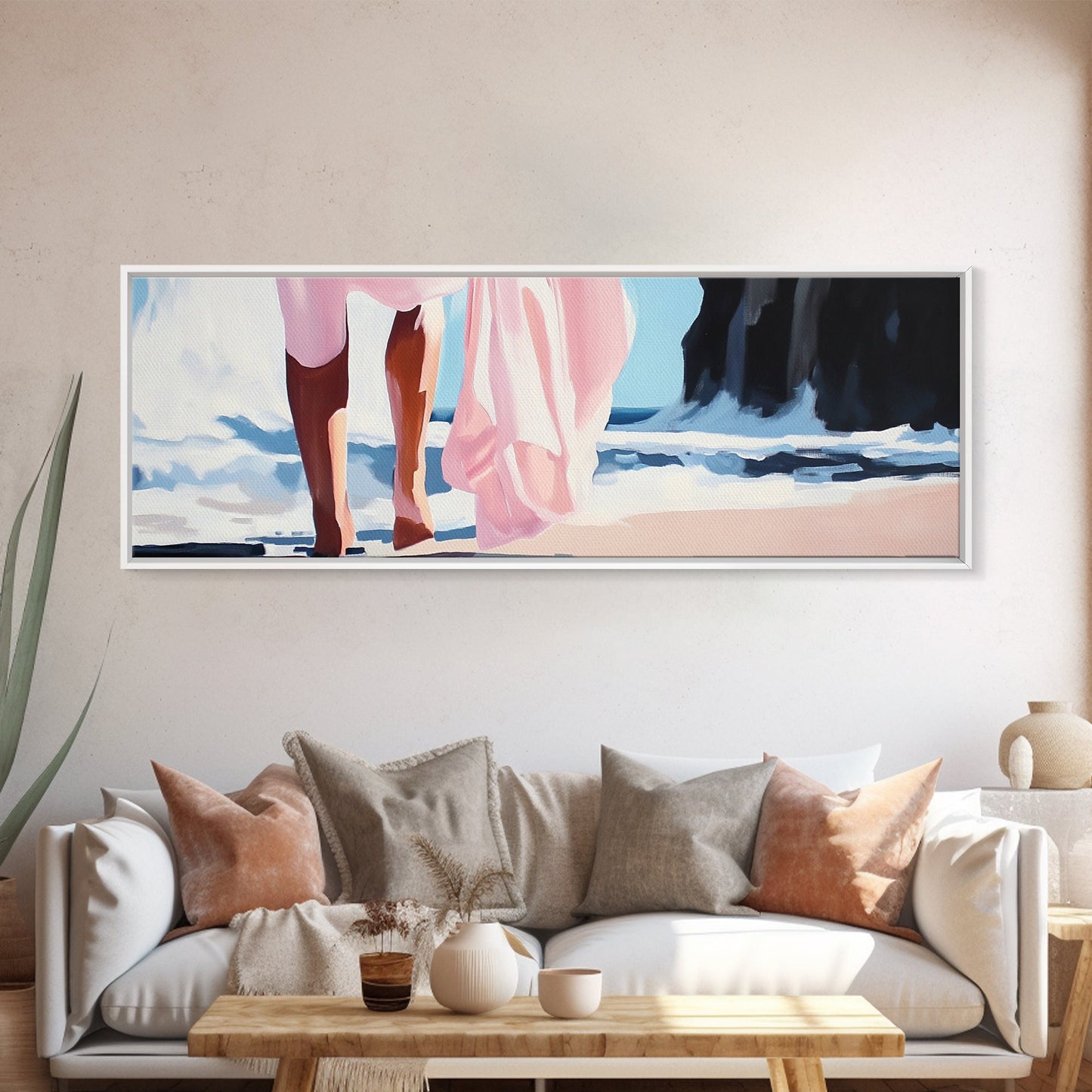 Ocean Waves, Feminine Beach Art, Coastal Minimalist Decor, Framed Canvas Print, Soft Pastel Seaside Art, Nautical Living Room Wall Art