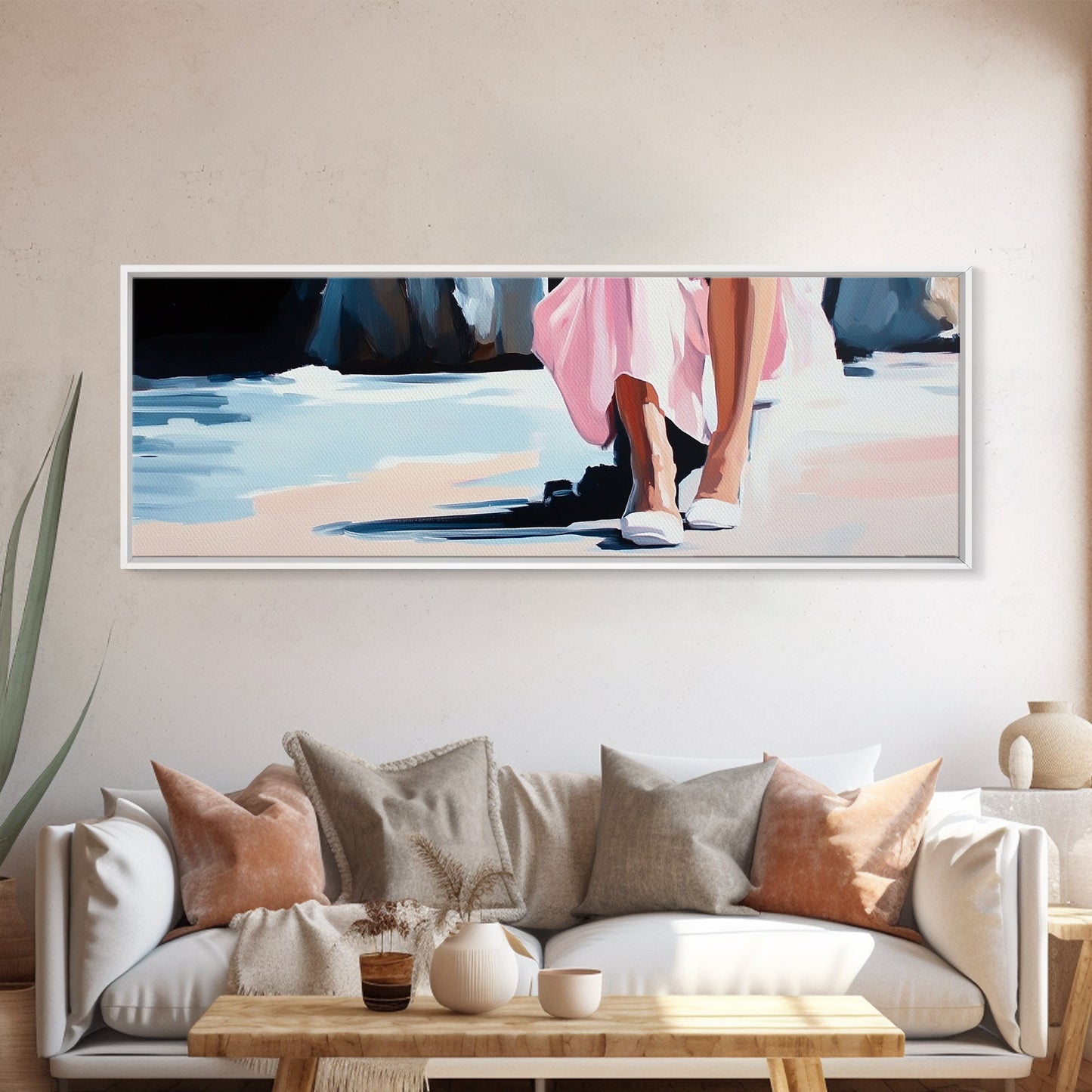 Seaside Elegance, Soft Beach Vibes, Ocean Walk Art, Framed Canvas Print, Feminine Coastal Decor, Seascape Painting, Summer Aesthetic