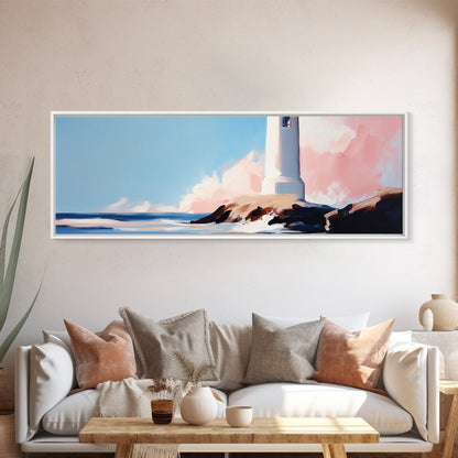 Leuchtturm, Küstenmotiv, Maritime Dekoration, Meerblick, Gerahmter Leinwanddruck, Strandhauskunst, Minimalistische Kunst, Schlafzimmer-Wandkunst