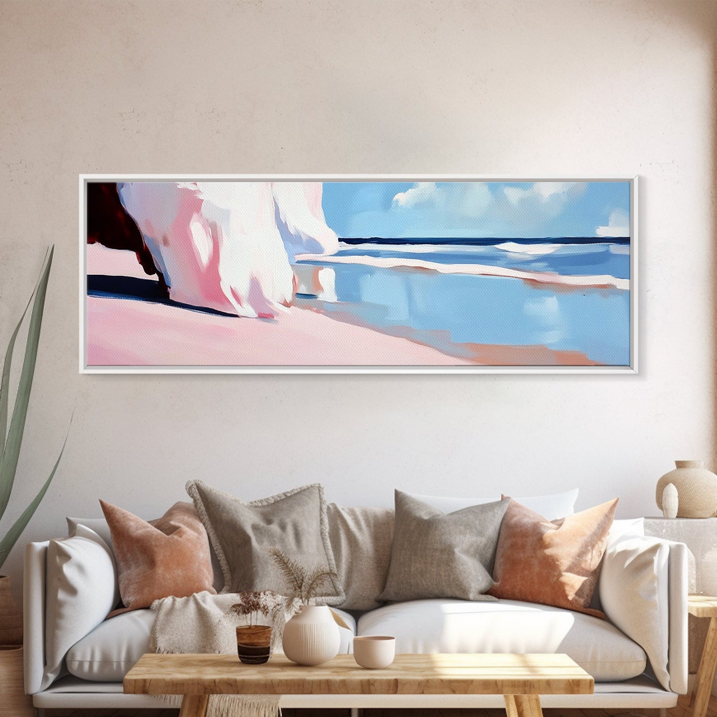 Pink Waves, Soft Beach Hues, Serene Seascape, Abstract Ocean, Framed Canvas Print, Minimalist Aesthetic, Bedroom Wall Art, Coastal Vibes