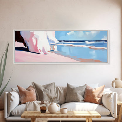 Pink Waves, Soft Beach Hues, Serene Seascape, Abstract Ocean, Framed Canvas Print, Minimalist Aesthetic, Bedroom Wall Art, Coastal Vibes