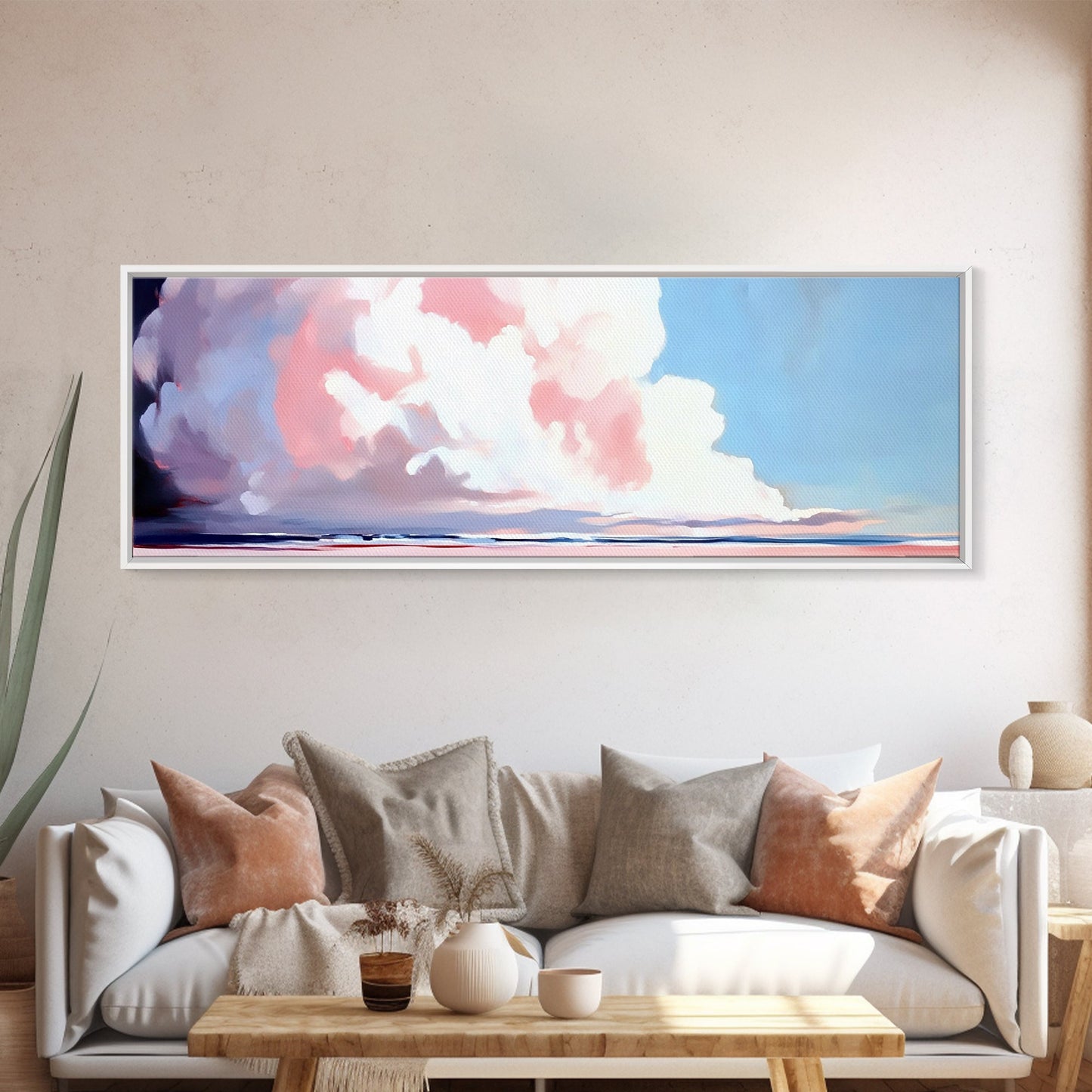 Soft Clouds, Ocean Horizon, Dreamy Seascape, Modern Beach Art, Framed Canvas Print, Coastal Minimalist, Living Room Wall Art