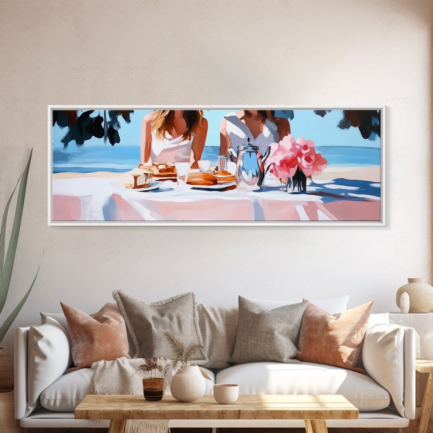 Ocean Picnic, Coastal Dining, Elegant Beach Scene, Pastel Seascape, Canvas Print, Living Room Art, Modern Nautical, Kitchen Wall Art