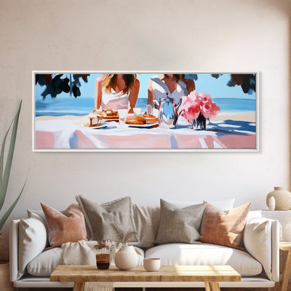 Ocean Picnic, Coastal Dining, Elegant Beach Scene, Pastel Seascape, Canvas Print, Living Room Art, Modern Nautical, Kitchen Wall Art