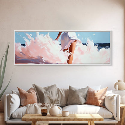 Woman in Waves, Coastal Elegance, Romantic Beach Art, Canvas Print, Ocean Aesthetic, Dreamy Home Decor, Living Room Wall Art