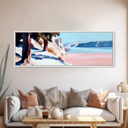 Lakeside Pines, Tranquil Forest Art, Nature Wall Decor, Framed Canvas Print, Minimalist Landscape, Serene Blue Tones, Office Wall Art