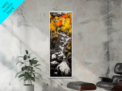 Autumn Forest, Golden Trees, River Path, Framed Canvas Print, Fall Landscape Art, Rustic Wall Decor, Cabin Art, Living Room Wall Art
