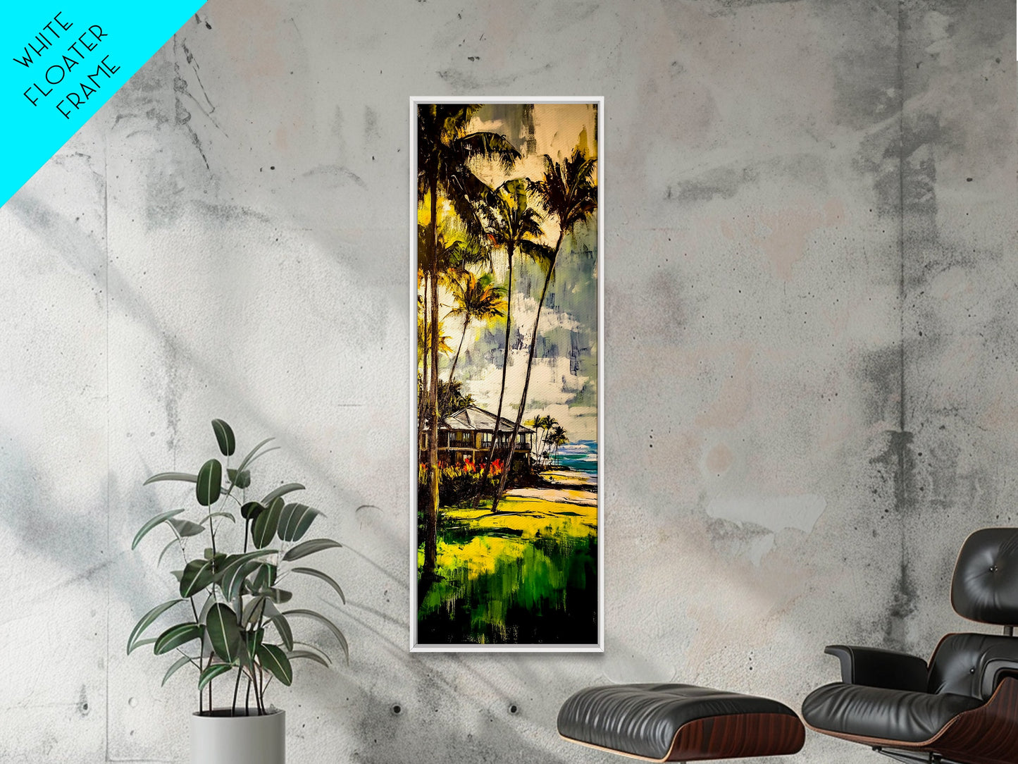Tropical Landscape Painting, Palm Tree Art, Beach House Wall Decor, Coastal Summer Art, Vibrant Green and Yellow Art, Framed Canvas Print