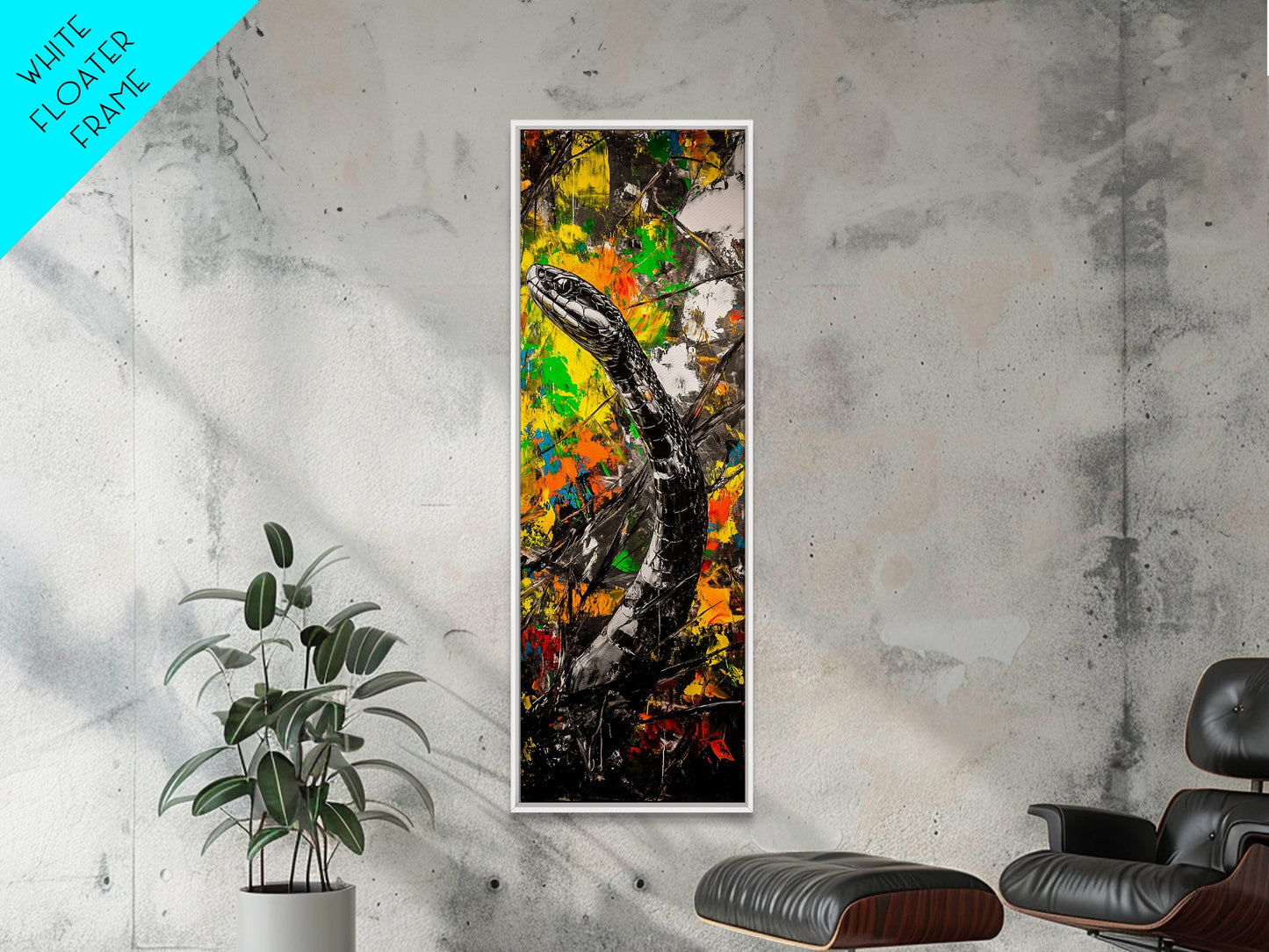 Black Snake, Abstract Colors, Edgy Animal Art, Dark Aesthetic, Framed Canvas Print, Office Wall Decor, Living Room Statement Art