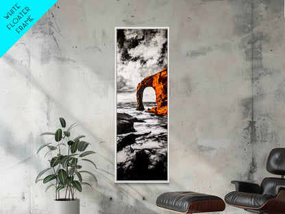 Rock Arch, Ocean Waves, Dramatic Seascape, Black and White Wall Decor, Living Room Art, Framed Canvas Print, Coastal Nature Artwork