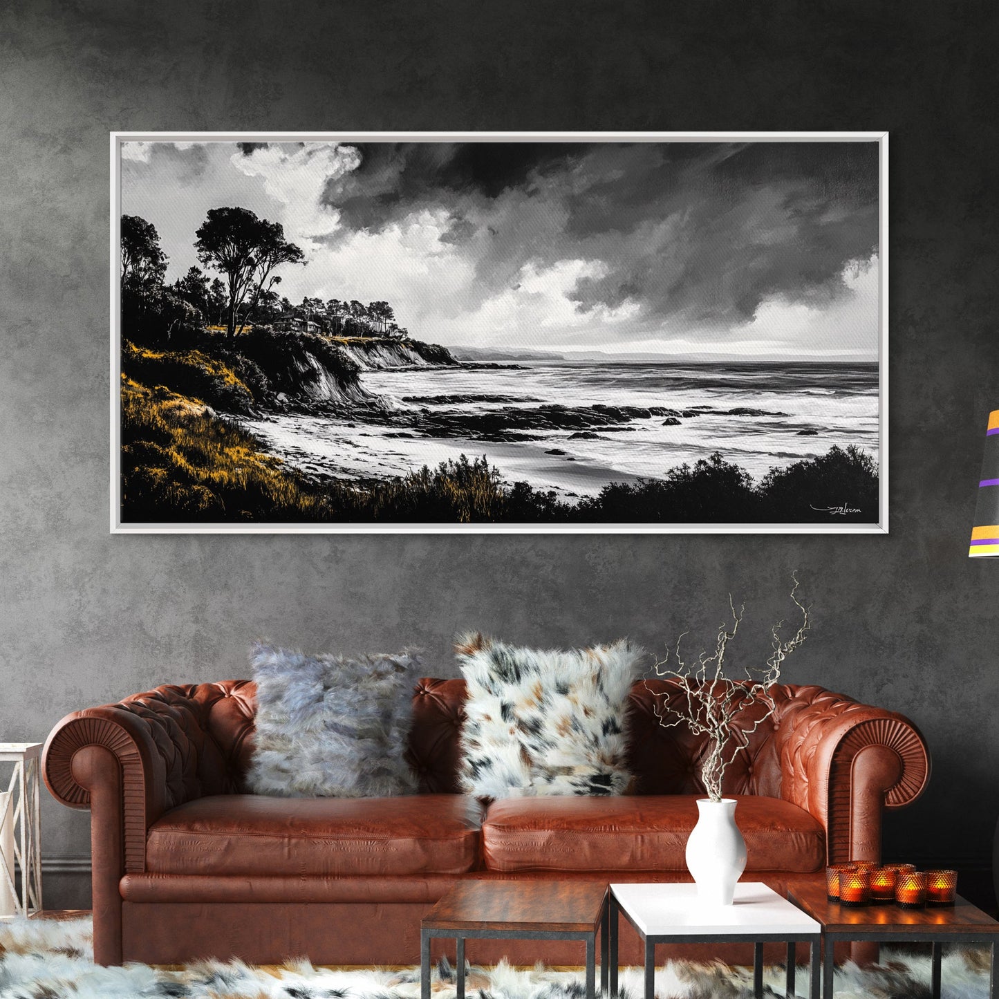 Stormy Coast, Dramatic Sky, Black and White Seascape, Framed Canvas Print, Coastal Wall Art, Large Landscape, Entryway Decor, Moody Art