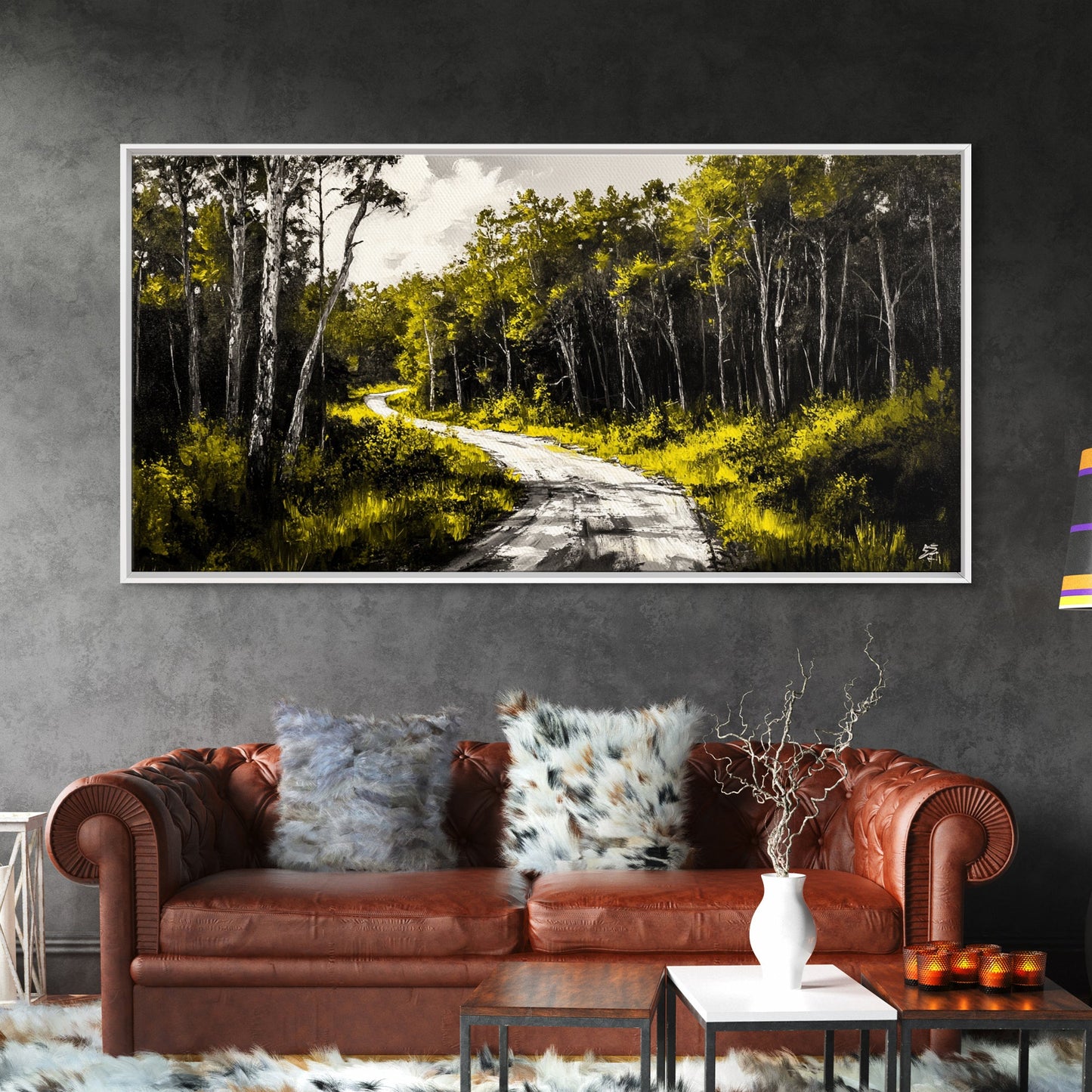 Forest Road, Scenic Nature Path, Rustic Landscape Painting, Greenery Wall Art, Country Home Decor, Framed Canvas Print, Office Artwork
