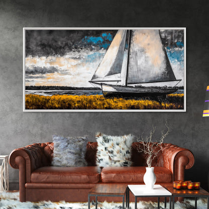 Sailboat Painting, Coastal Nautical, Black and White Boat, Framed Canvas Print, Maritime Decor, Living Room Wall Art, Classic Style