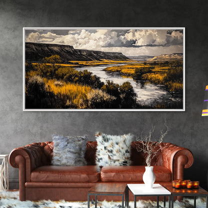 Western River, Rustic Landscape, Southwest Art, Moody Nature Painting, Lodge Wall Decor, Mountain Home Art, Canvas Print, Coastal Print
